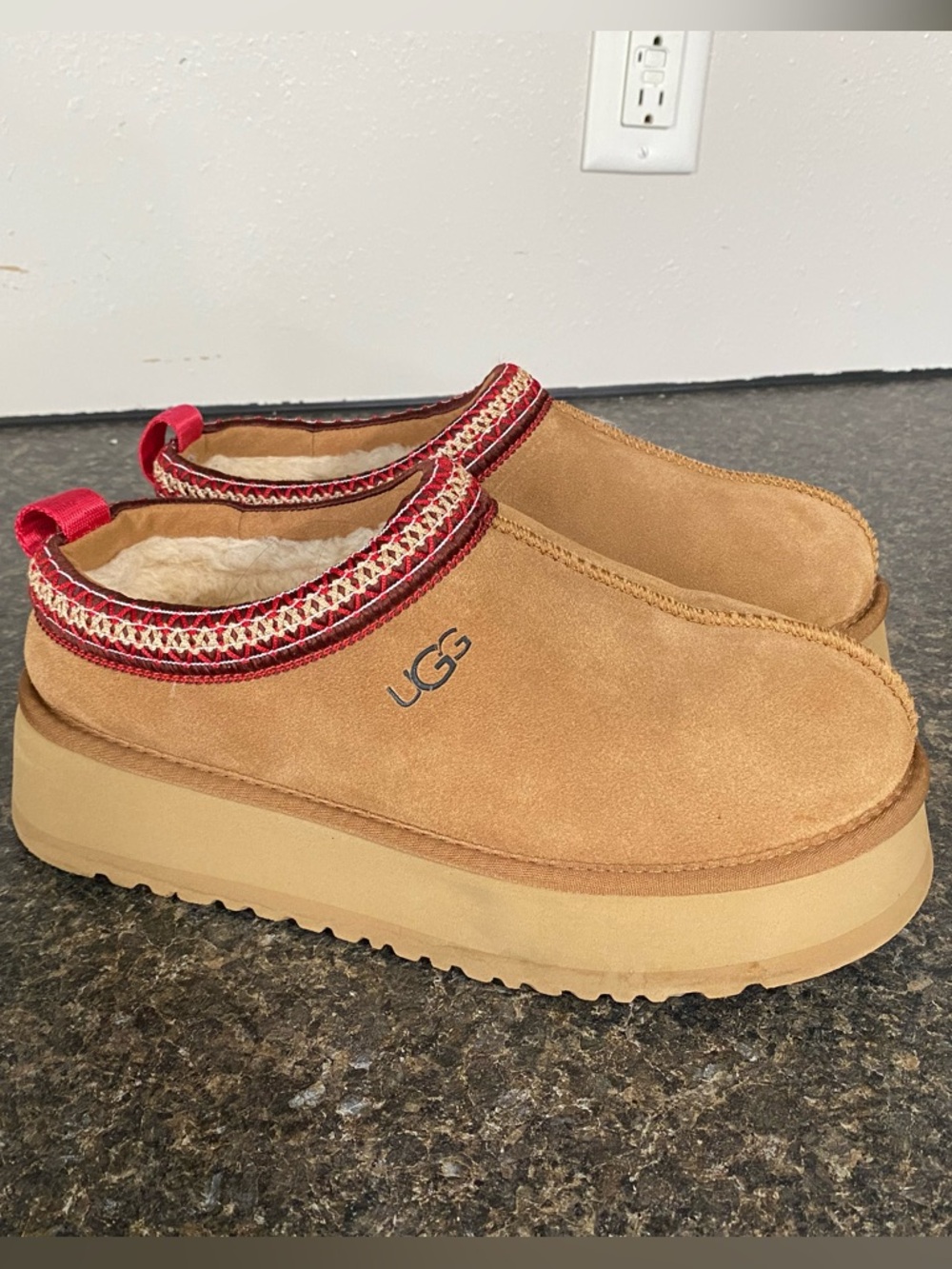 UGG Chestnut Suede Tazz Platform Slip-On Clog with Red Trim